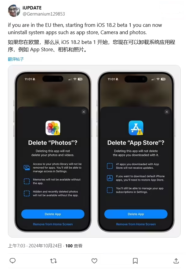 安远苹果手机维修分享iOS 18.2 支持删除 App Store 应用商店 