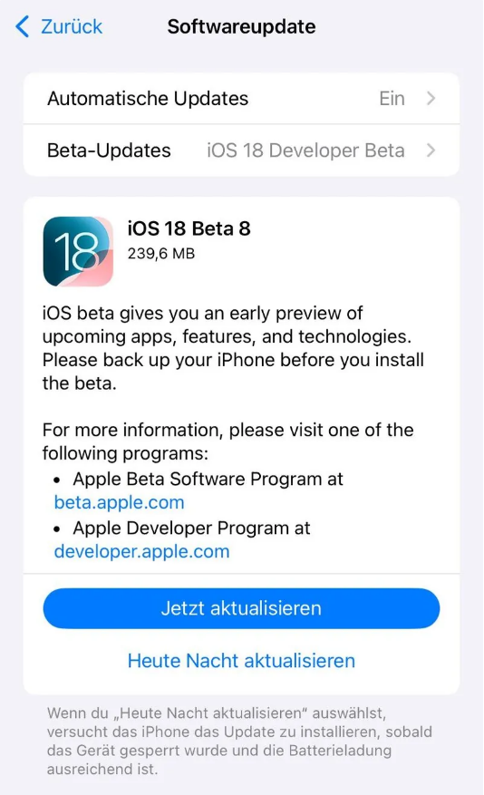安远苹果手机维修分享苹果 iOS / iPadOS 18 开发者预览版 Beta 8 发布 